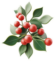 Decorative branch of vibrant red berries and green leaves isolated on transparent background.
