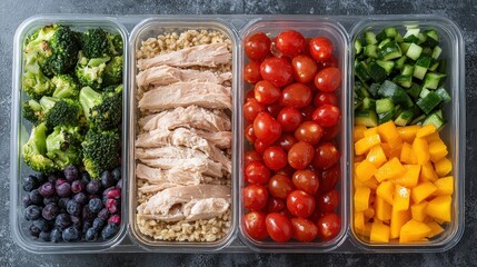 Healthy meal prep tips chicken and veggies kitchen food photography organized overhead wellness