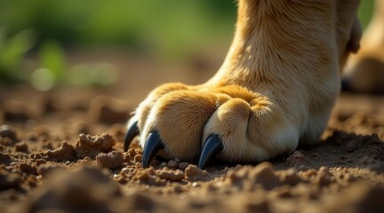 Close-up view of a canine paw on the ground, showcasing detailed texture and sharp claws