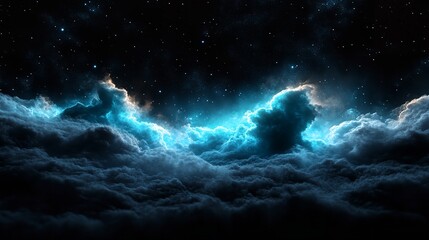 Obraz premium Mysterious cosmic clouds illuminated by ethereal blue light in a dark sky at night