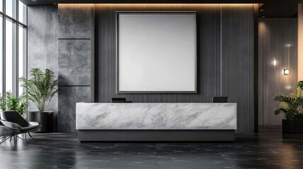 Modern Office Reception Desk with Marble Top and Dark Wood Wall