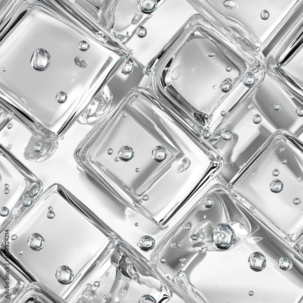 Aufkleber Ice cubes shimmering with bubbles on a white surface creating a cool and refreshing background