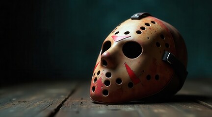 A weathered hockey mask rests on aged wooden planks, a chilling presence in the dimly lit scene.