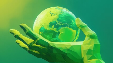 Green hands hold Earth; eco concept