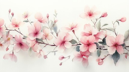 A delicate arrangement of pink flowers with soft leaves on a light background.