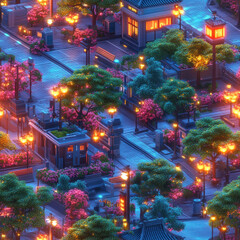 Illuminated city scene Blooming trees and lampposts in quiet urban park, buildings in background