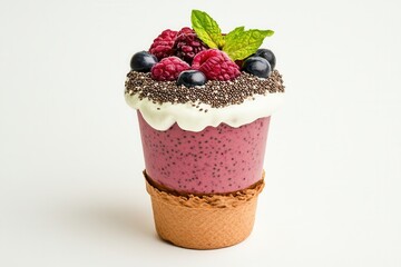 Berry Smoothie in Terracotta Cup with Whipped Cream and Berries and Mint Decorated Cream Toppings