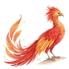 Obraz premium A vibrant, mythical bird with fiery red and orange feathers, resembling a phoenix, stands elegantly with an ornate tail.