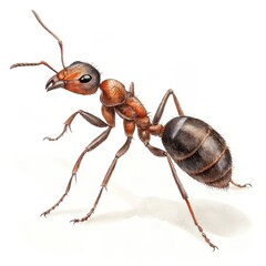 A detailed illustration of an ant, showcasing its segmented body, long antennae, and distinct coloration, emphasizing its intricate features.