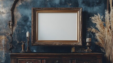 Gold Ornate Frame Mockup on Dark Blue Wall