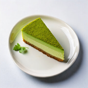 Una delicada rebanada de tarta de queso matcha espolvoreada con az&uacute;car en polvo