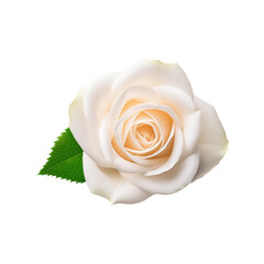 Top view of white rose flower with leaf on transparent background