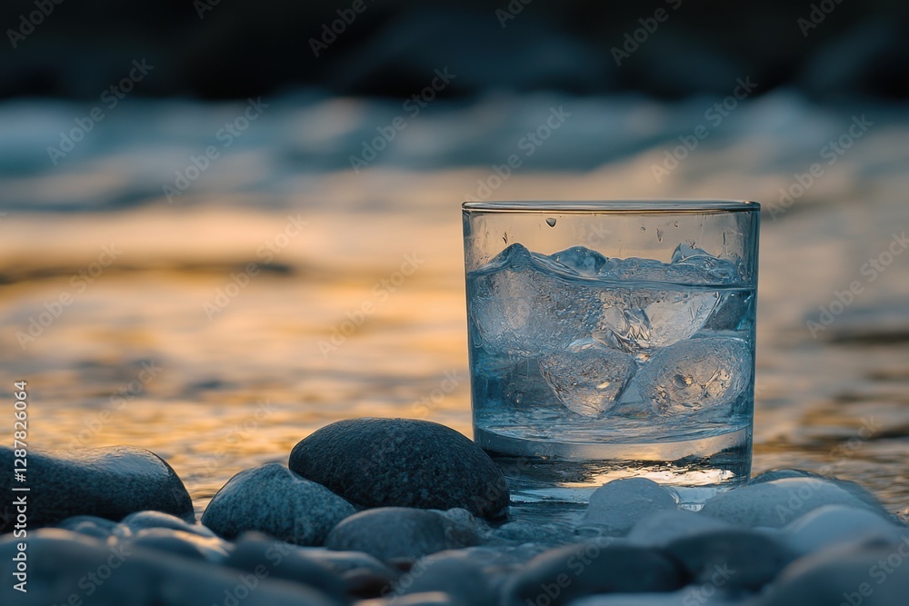 Poster refreshing drink with ice cubes on a rocky beach at sunset creating a serene and tranquil atmosphere