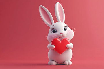 Obraz premium A cute cartoon rabbit holding a red heart against a pink background, symbolizing love.