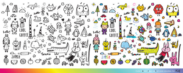 Collection of hand drawn cute doodles,Doodle children drawing,Sketch set of drawings in child style,Funny Doodle Hand Drawn,Page for coloring, cute animal hand drawn, cute Doodle