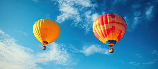 Fototapeta premium Two hot air balloons soar, blue sky, clouds