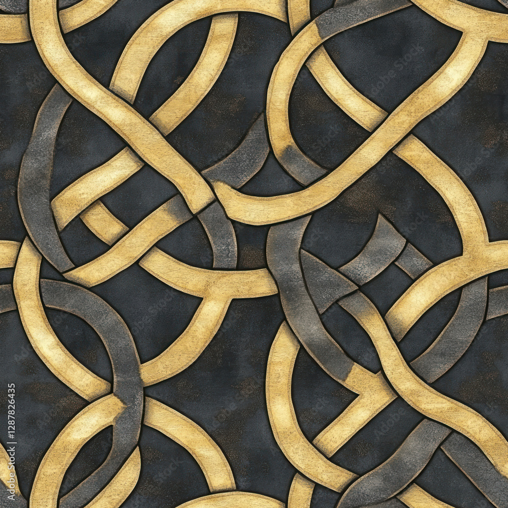 Poster interwoven gold and dark bands on textured grey backdrop creating a seamless knotted pattern image