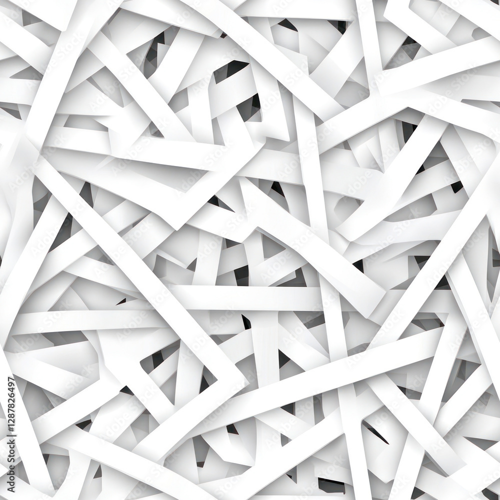 Poster interwoven paper strips creating abstract pattern, white and gray tones in neutral background