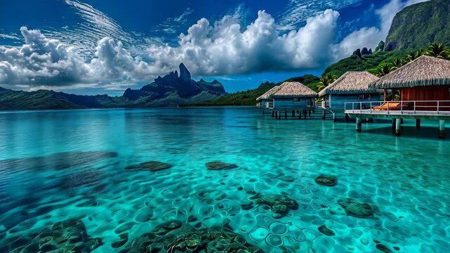 Bora Bora Island in French Polynesia showcases crystal clear waters and overwater bungalows under a bright blue sky during daylight hours, highlighting tropical paradise living