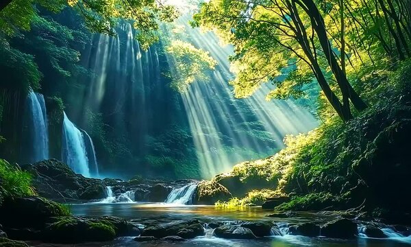 Kikuchi Valley&rsquo;s Waterfall and Sunrays Filtering Through the Forest, Japan