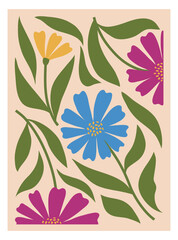 Bright and vivid floral poster with a variety of flowers and leaves. Flower poster for wall art for home decoration. Hand drawn vector illustration.