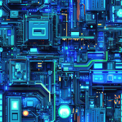 Fototapeta premium Intricate circuit board glows blue with illuminated lines connecting microchips in digital landscape