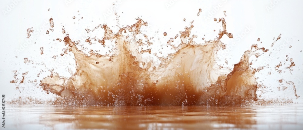 Poster dynamic brown liquid splash on reflective surface against a clean white backdrop creating abstract f