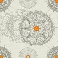 Naklejka premium Intricate circular gears, ornate, detailed pattern on a cream backdrop; fantasy illustration, mechanical