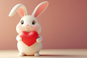 Obraz premium A cute cartoon rabbit holding a red heart, symbolizing love and affection.