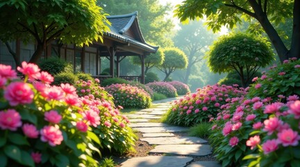 Fototapeta premium Serene Garden Path Leading to a Tranquil Pavilion Adorned with Blossoming Pink Flowers and Lush Greenery Under the Soft Morning Sunlight