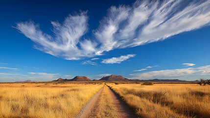 Obraz premium Vast Golden Grassland Landscape Under a Vivid Blue Sky with White Wispy Clouds and Distant Mountains