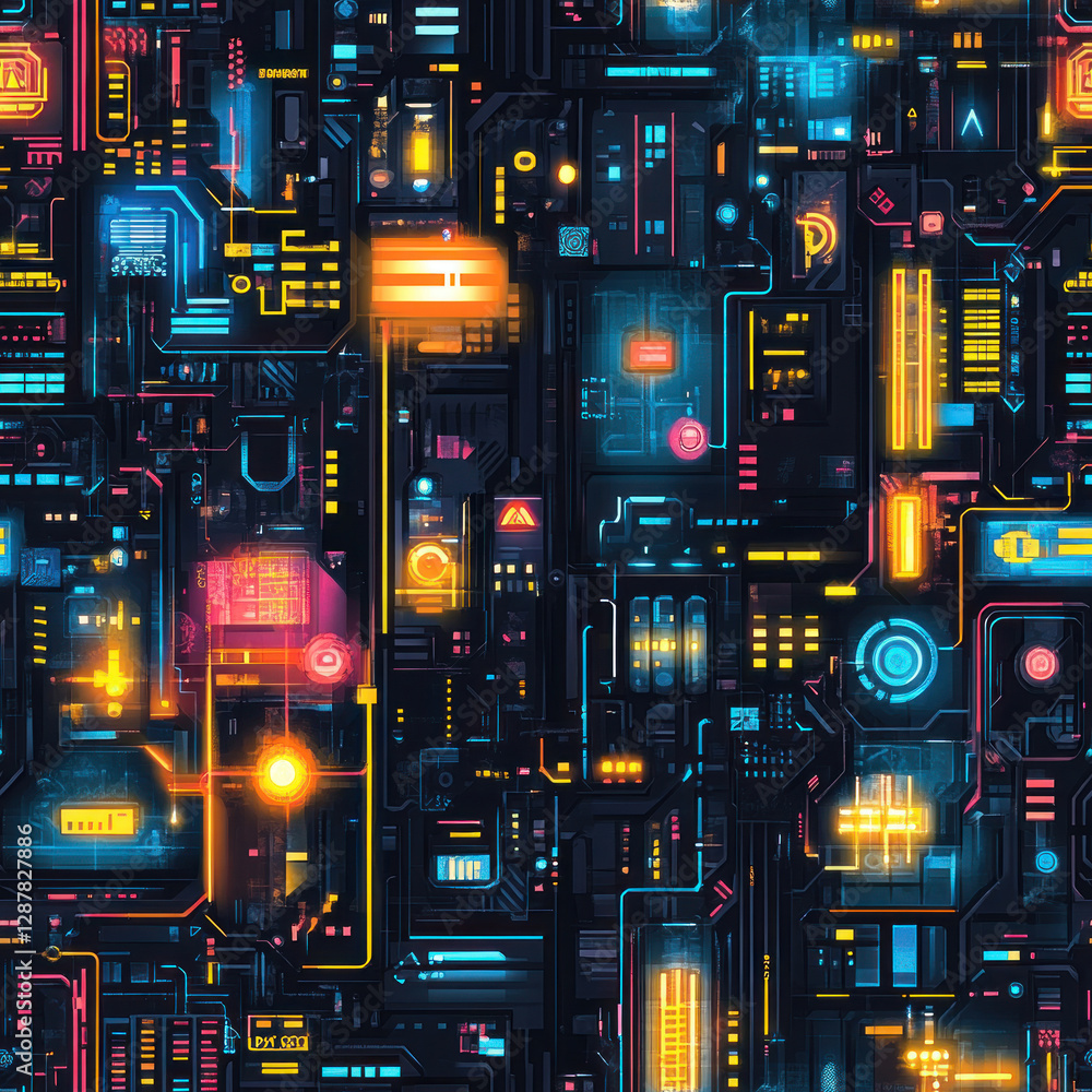 Poster intricate, glowing circuitry pattern. complex electronic components forming abstract shapes