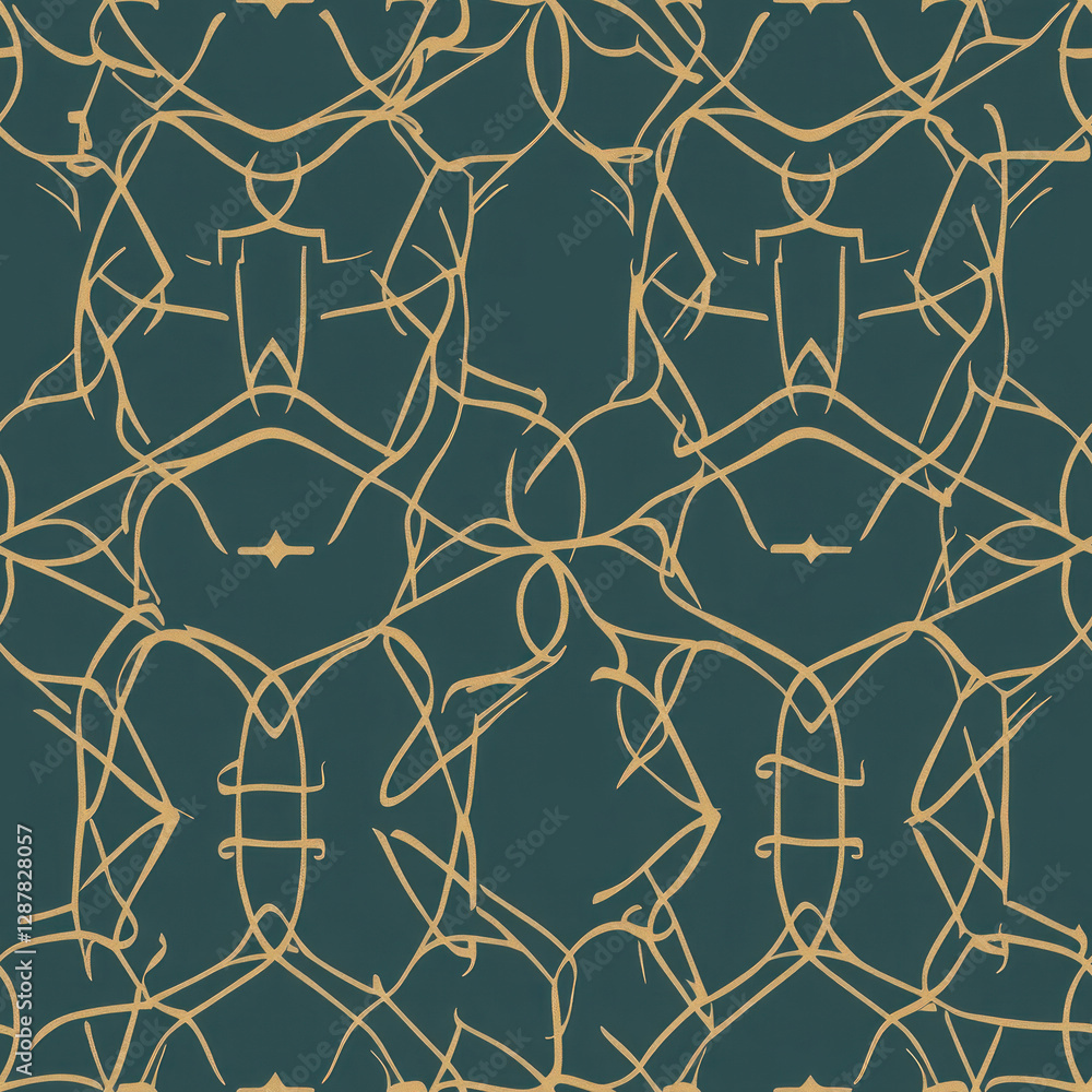 Poster intricate gold pattern overlays deep teal. interwoven symmetrical lines create abstract design