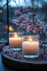 a collection of scented candles in glasses with dried flowers