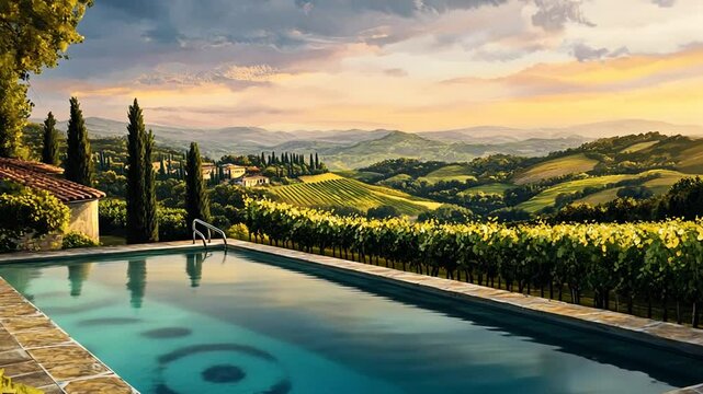 Luxury Italian villa with swimming pool overlooking rolling vineyards and hills at sunset