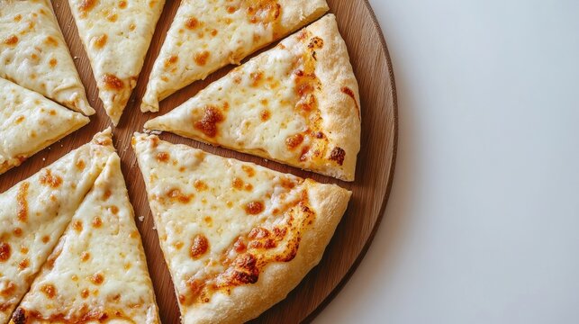 Delicious cheese pizza slices on wooden board against a clean white background showcasing a delightful Italian cuisine experience perfect for culinary blogs