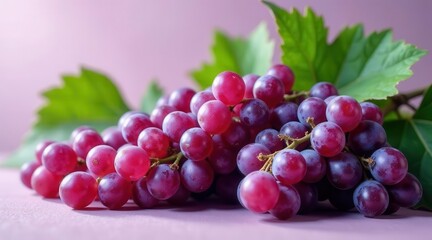 A vibrant cluster of ripe red grapes, freshly picked and glistening, rests gently on a soft purple surface, adorned with lush green leaves, showcasing the natural beauty and abundance of the harvest.