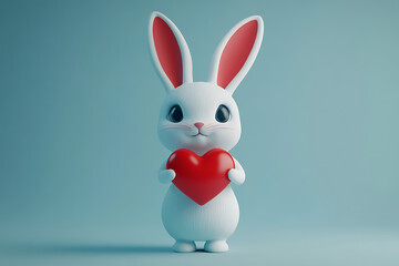 A cute white rabbit holding a red heart, symbolizing love and affection.