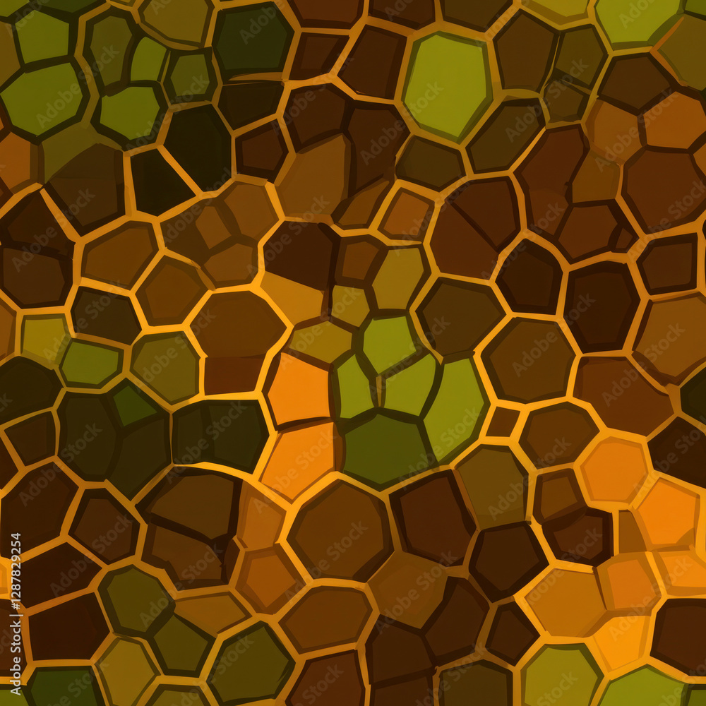 Poster irregular cellular pattern with earth tone colors and dark gold borders on a warm background