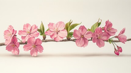 A delicate branch adorned with pink cherry blossom flowers against a neutral background.