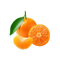 Mandarin orange fruit with slice and leaf on transparent background