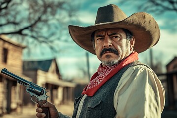 Stern cowboy with pistol in old western town