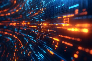 Fototapeta premium Abstract Digital Data Stream with Glowing Orange and Blue Particles for Technology Concepts