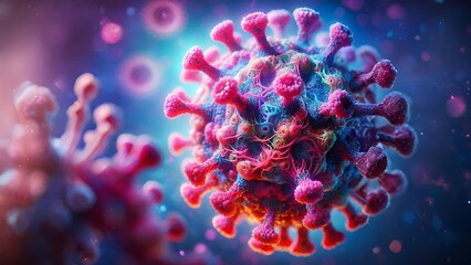 A close up of a virus cell with a bright pink and purple