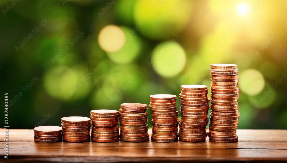 Poster a stack of copper coins arranged in ascending order on a wooden surface, with a soft-focus green bac