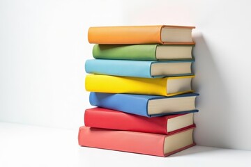 A vibrant stack of colorful books against a stark white background, showcasing a diverse collection of literature and knowledge.