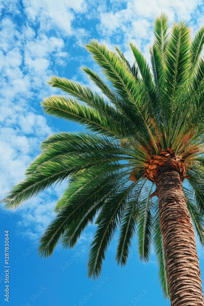 Poster Palm Tree Ascending into a Vibrant Azure Sky with Wispy Clouds Capturing a Tropical Paradise from a Low Angle Perspective