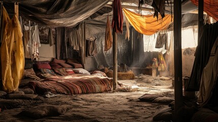 Dusty room, makeshift bed, hanging fabrics, and sparse furnishings.