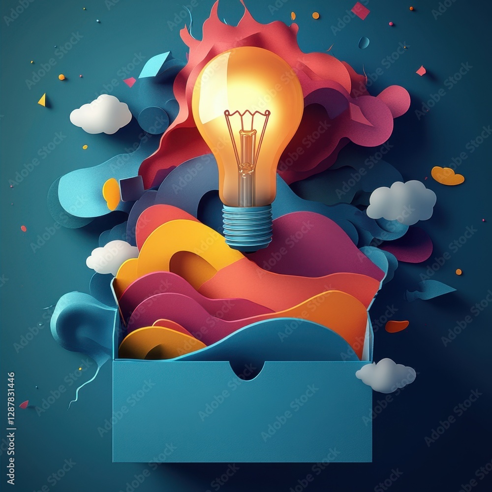 Poster creative lightbulb idea emerging from a box with colorful paper cutouts in a vibrant and modern comp