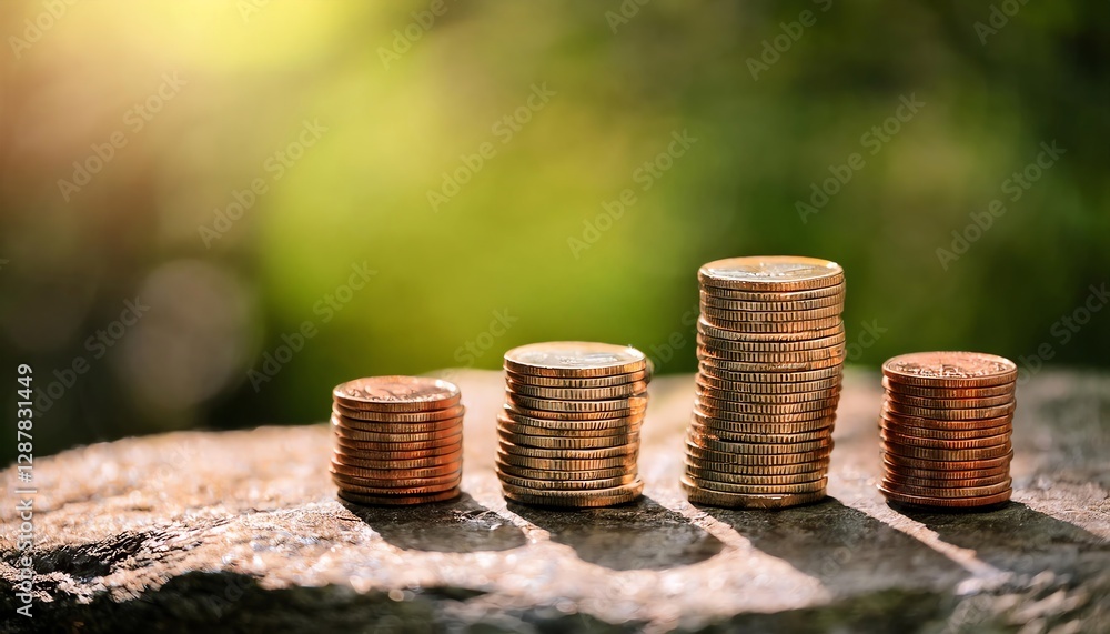 Poster a stack of coins arranged in increasing height on a stone, with a blurred green background suggestin